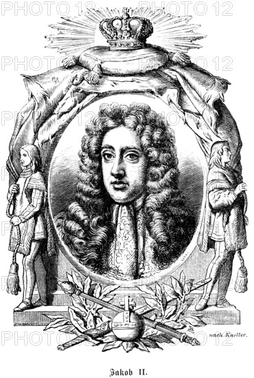 James II (1633-1701) James II of England also James VII of Scotland, 1685 coronation as King of England, King of Scotland and Ireland, the Glorious Revolution leads to his deposition as King, curls, wig, portrait of famous personalities, oval, royal house, royal insignia, crown, sceptre, orb, globe, scarf, numerous decorations, art, steel engraving, historical illustration 1863