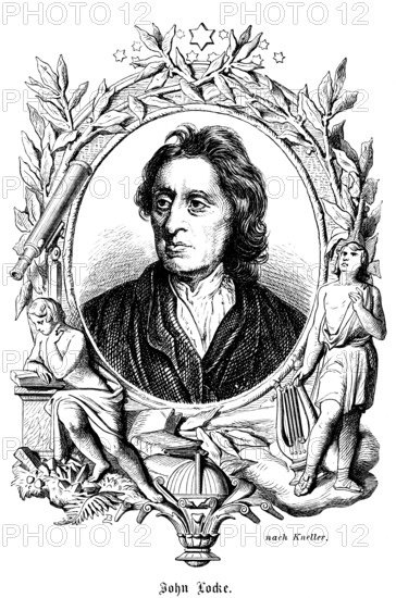 John Locke (1632-1704) English philosopher and Age of Enlightenment, thought leader, liberalism, politics, laws as legal norm, follower of Oliver Cromwell, portrait of famous personalities, oval, wavy long hair, piercing gaze, numerous decorations, stars, harp, reading a book, telescope, leaves, art, steel engraving, historical illustration 1863