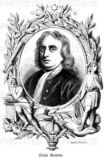 Isaac Newton (1642-1726), University of Cambridge, President of the Royal Society, important scientist, physics, mathematics, law of gravitation, classical mechanics, optics, light spectrum, portrait of famous personalities, long wavy hair, scarf, numerous decorations, symbols, stars, harp, reading a book, telescope, leaves, art, steel engraving, historical illustration 1863