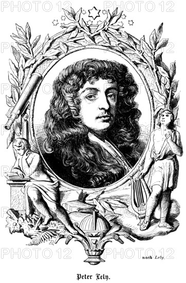 Sir Peter Lely (1618-1680) Dutchman, then English citizen, artist, English painter, court painter to Charles II, portrait of famous personalities, curls, wig, numerous decorations, stars, harp, reading a book, telescope, leaves, art, steel engraving, historical illustration 1863