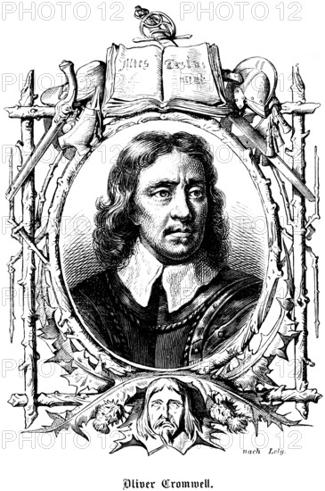 Oliver Cromwell (1599-1658) Lord Protector and head of the Commonwealth of England, Scotland and Ireland, republican period of England, pioneer of parliamentarianism, Puritan, opponent of the Catholics, emblem, Bible, Old Testament, sword, long wavy hair, portrait of famous personalities, long hair, numerous decorations, art, steel engraving, historical illustration 1863
