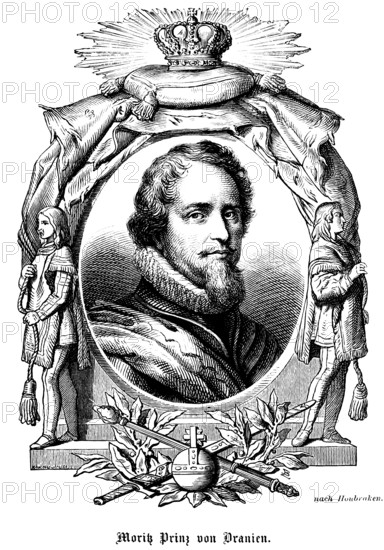 Moritz Prince of Orange (1567- 1625) Governor of the Netherlands, Republic of the Seven United Netherlands (Republiek der Zeven) successful general, portrait of famous personalities, oval, royal house, emblems, royal insignia, crown, sceptre, orb, globe, beard, numerous decorations, art, steel engraving, historical illustration 1863