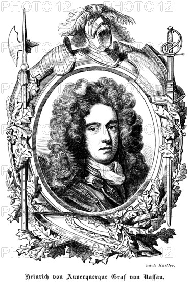 Henry von Auverquerque Count of Nassau feathers, helmet, sword, heelebard, shield, knight, emblems, portrait of famous people, wig, curls, numerous decorations, art, steel engraving, historical illustration 1863
