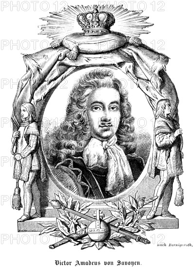 Victor Amadeus I of Savoy-Carignan (1690-1741) Prince of Savoy, Prince of Carignan, France, portrait of famous personalities, oval, royal house, emblems, royal insignia, crown, sceptre, orb, globe, nobility, curls, wig, moustache, scarf, numerous decorations, art, steel engraving, historical illustration 1863