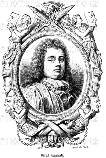 Dominik Andreas I Count Kaunitz (1654-1705) Austrian diplomat, privy councillor at the imperial court, noble family, curls, wig, Vice-Chancellor of the Holy Roman Empire, portrait of famous personalities, oval, neckerchief, numerous decorations, art, steel engraving, historical illustration 1863