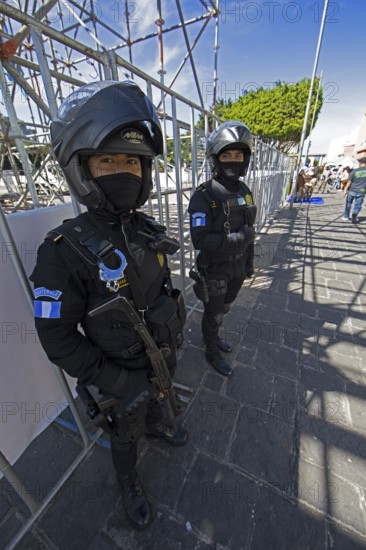 Police officers in gear in the old town zone 1, Guatemala City, Guatemala Department, Guatemala