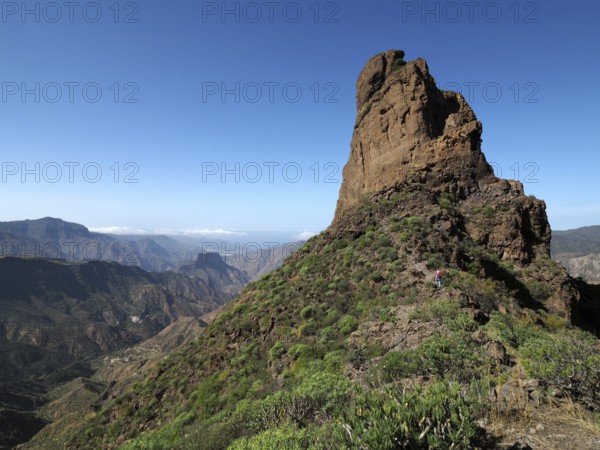Large, steep rock under blue sky, Roque Bentayga, Gran Canaria, Canary Islands, Canary Islands, Spain