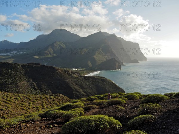 Coastal landscape with mountains and sea in soft light of evening sun, Puerto de la Aldea, Gran Canaria, Canary Islands, Spain