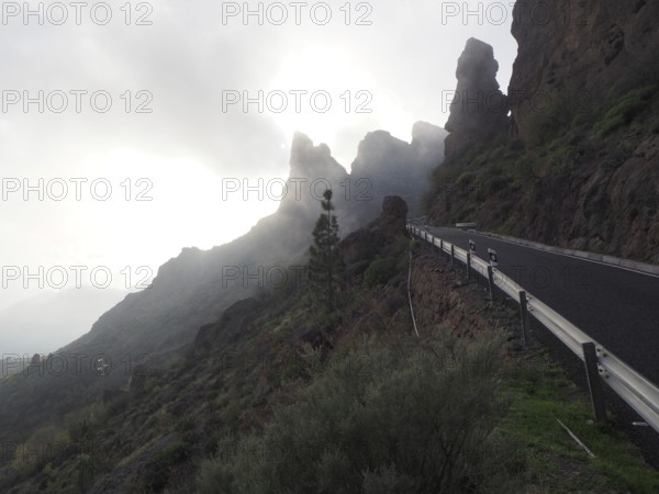 Mountain road on steep rocks in foggy weather, Cruz Grande, Gran Canaria, Canary Islands, Canary Islands, Spain