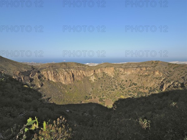 Caldera de Bandama volcanic crater overlooking the sea under a blue sky, Gran Canaria, Canary Islands, Canary Islands, Spain