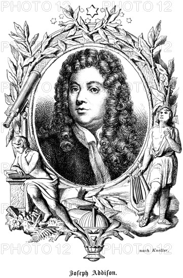 Joseph Addison (1672-1719) England, poet, politician and journalist, essayist, founder of the Kit-Cat Club London, travelling through France and Italy, under-secretary of state, curls, wig, portrait of famous personalities, proud look, numerous decorations, stars, harp, reading a book, telescope, leaves, art, steel engraving, historical illustration 1863