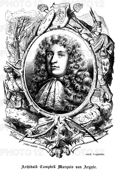 Archibald Campbell 1st Marquess of Argyle (1605-1661) Scotland, Clan Campbell, nobility, politician, Scottish Crown Council, member of the Scottish Parliament, high treason, execution, curls, wig, scarf, proud look, emblems, portrait of famous personalities, art, steel engraving, historical illustration 1863
