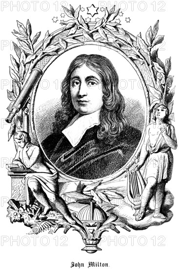 John Milton (1608-1674) English poet and politician under Oliver Cromwell, writings against the monarchy, long slightly wavy hair, numerous decorations, stars, harp, reading a book, telescope, leaves, art, steel engraving, historical illustration 1863
