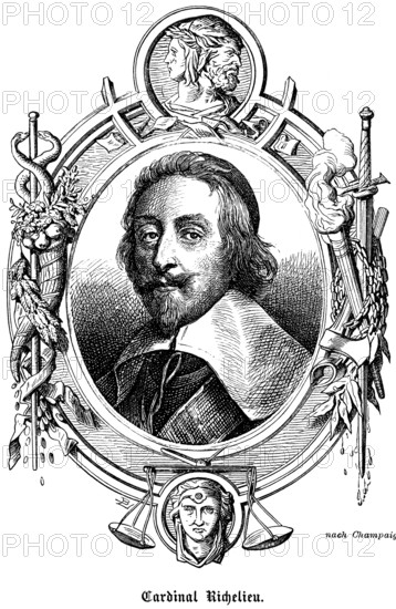 Cardinal Richelieu, Armand-Jean du Plessis, 1er duc de Richelieu (1585-1642), France, catholic prince of the church and statesman, first minister under King Louis XIII, lieutenant general of the kingdom, reformer, administration, moustache, confident look, symbolic ornamentation, Janus head, torch, sword, heraldry, portrait of famous personalities, first minister under King Louis XIII, historical illustration 1863