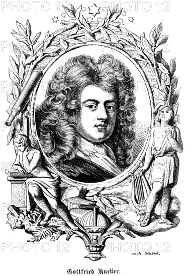 Gottfried Kniller or Sir Godfrey Kneller (1646-1723) German-British portrait painter, court painter to King Charles II, Lübeck family of artists, Kneller Academy of Painting and Drawing London, curls, wig, scarf, portrait of famous personalities, numerous decorations, stars, harp, reading a book, telescope, leaves, art, steel engraving, historical illustration 1863