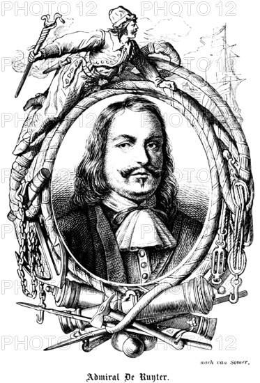 Michiel Adriaenszoon de Ruyte, Dutch Admiral De Ruyter (1607-1676) navy, naval hero, Anglo-Dutch naval wars, fleet commander, emblems, sailor, sailing ship, anchor chain, cannon, portrait of famous personalities, moustache, long wavy hair, neckerchief, numerous decorations, art, steel engraving, historical illustration 1863