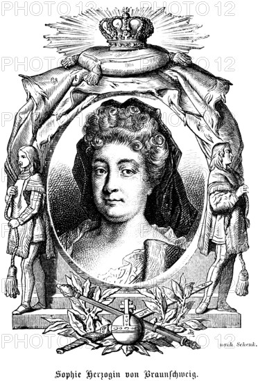 Sophie Dorothea Duchess of Brunswick and Lüneburg (1666-1726) Princess of Ahlden, unhappily married, divorce, lover, escape plan, portrait of famous personalities, oval, royal house, royal insignia, crown, sceptre, orb, globe, curls, headscarf, friendly look, numerous decorations, art, steel engraving, historical illustration 1863