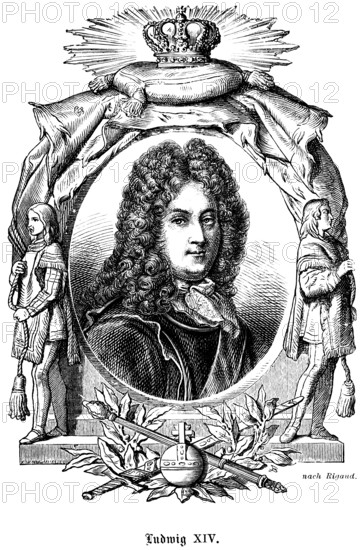 Portrait of famous people, oval, royal regalia, crown, scepter, orb, globe, curls, wig, scarf, numerous decorations, art, steel engraving, historical illustration 1863