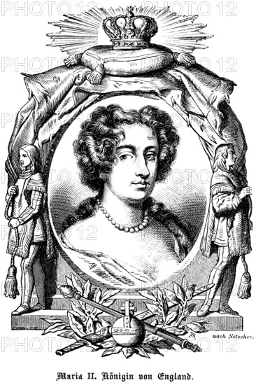 Mary II Queen of England (1662-1694) Curls, necklace, pearls, pensive look, portrait of famous personalities, oval, royal house, royal insignia, crown, sceptre, orb, globe, curls, numerous decorations, art, steel engraving, historical illustration 1863