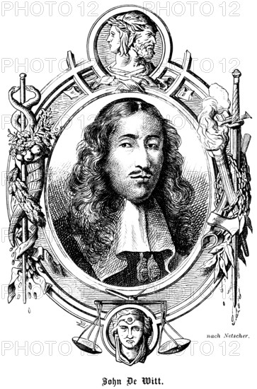 Juhan or Jan de Witt (1625-1672) Council pensioner of Holland, first statesman of the Republic of the United Netherlands, long wavy hair, critical look, symbolic ornamentation, Janus head, torch, sword, heraldry, portrait of famous personalities, historical illustration 1863