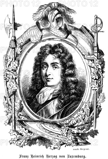 Francis Henry Duke of Luxembourg, curls, wig, feathers, helmet, sword, heeleboard, shield, knight, portrait of famous people, oval, scarf, numerous decorations, art, steel engraving, historical illustration 1863