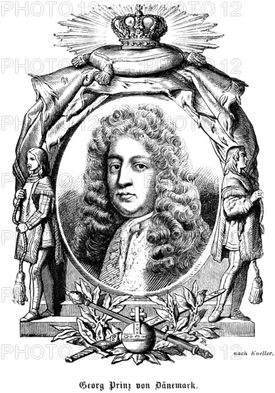 George Prince of Denmark (1653-1708) Duke of Cumberland, curls, wig, marriage to Anne Stuart, portrait of famous personalities, oval, royal house, royal insignia, crown, sceptre, orb, globe, numerous decorations, art, steel engraving, historical illustration 1863