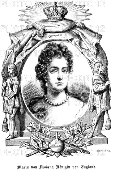 Mary of Modena, Queen of England, Scotland and Ireland, (1662-1694) Mary II. Queen of England, Protestant, marriage to William III of Orange, move to the Netherlands, curls, necklace, critical gaze, portrait of famous personalities, oval, royal house, royal insignia, crown, sceptre, orb, globe, pearls, numerous decorations, art, steel engraving, historical illustration 1863