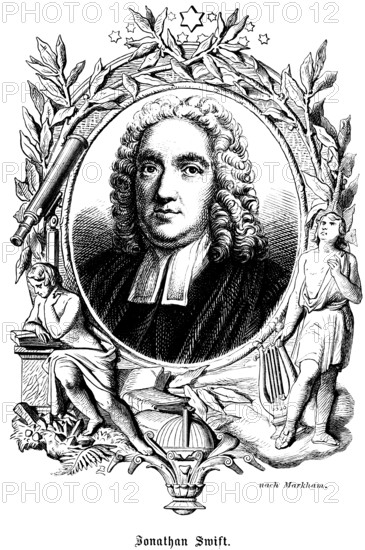 Jonathan Swift (1667-1745) Irish writer, satirical novel Gulliver's Travels, curls, wig, portrait of famous people, oval, numerous decorations, stars, harp, book reading, telescope, leaves, art, steel engraving, historical illustration 1863