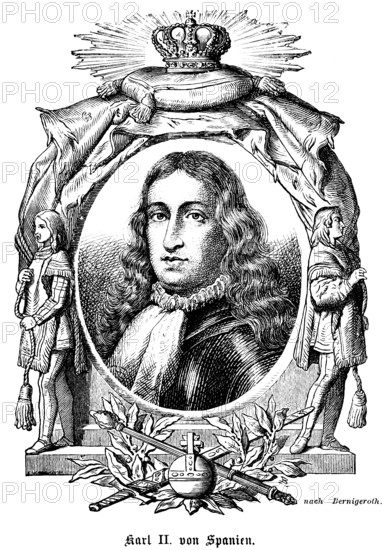 Carlos II, King Carlos II of Spain (1661-1700) colonial power, King of Naples and Sicily, King of Sardinia, mental handicap, degeneration and inbreeding, incapable of ruling, War of the Spanish Succession, long wavy hair, scarf, fixed gaze, portrait of famous personalities, oval, royal house, royal insignia, crown, sceptre, orb, globe, long wavy hair, serious look, numerous decorations, art, steel engraving, historical illustration 1863