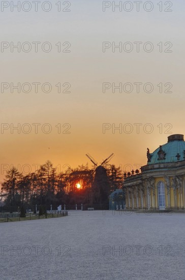 Sunset behind trees with windmill and baroque building in the foreground, Potsdam