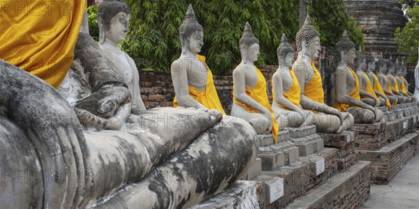 Buddha statues around the Great Chedi Chaya Mongkol, Wat Yai Chai Mongkon, Ayutthaya, Thailand