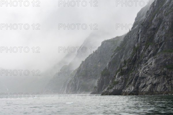 Mystical fog wraps around rock walls in a fjord, Northwestern Fjord, Kenai Fjords National Park, Kenai Peninsula, Alaska, USA