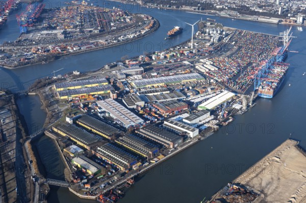 Tollerort, container loading, unloading, container, warehouse, logistics, container port Hamburg, aerial view, parking, storage, distribution, Hamburg, port, berth, container ship, Elbe, quay, Kaizunge, Köhlbrand, Elbinsel, Germany