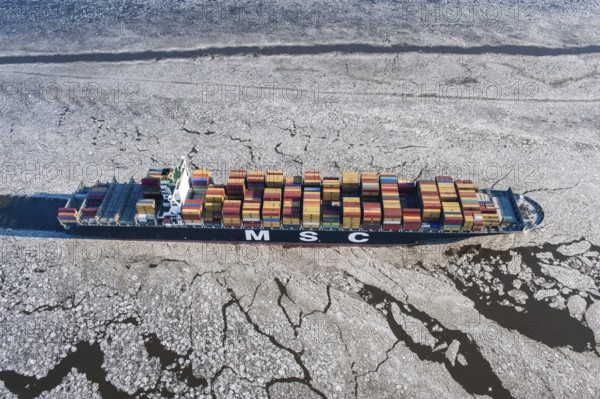 Germany, ship, container ship, commercial shipping, obstruction, freight connection, ice, ice, refrigeration, transport, logistics, sea route, plaice floes, shipping, chartering, freight, economy, aerial view, trade, aerial view, winter, season