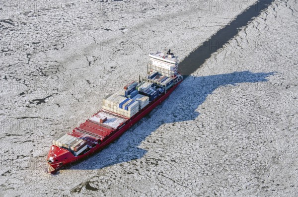 Germany, ship, container ship, commercial shipping, obstruction, freight connection, ice, ice, refrigeration, transport, logistics, sea route, plaice floes, shipping, chartering, freight, economy, aerial view, trade, aerial view, winter, season