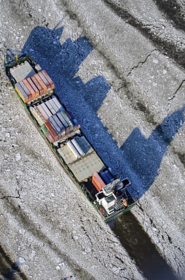 Germany, ship, container ship, commercial shipping, obstruction, freight connection, ice, ice, refrigeration, transport, logistics, sea route, plaice floes, shipping, chartering, freight, economy, aerial view, trade, aerial view, winter, season