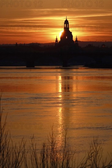 View of Church of Our Lady Dresden across the Elbe, sunset, winter, Saxony, Germany