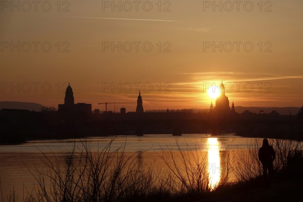 View of Church of Our Lady Dresden across the Elbe, sunset, winter, Saxony, Germany