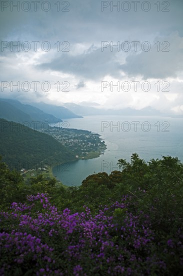 Lake Atitlán or Lake Atitlán in the evening, below Panajachel, Sololá Department, Guatemala