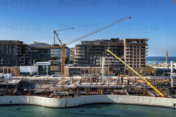 View of the construction sites all around from the Zayed National Museum platform, the museum with the adjacent construction sites is the heart of the cultural district on Saadiyat Island, Abu Dhabi, United Arab Emirates
