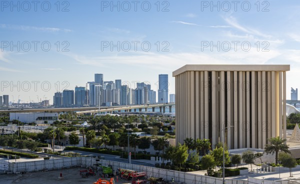 View of Abu Dhabi's skyline from the Zayed National Museum platform, the museum is the heart of the cultural district on Saadiyat Island, Abu Dhabi, United Arab Emirates