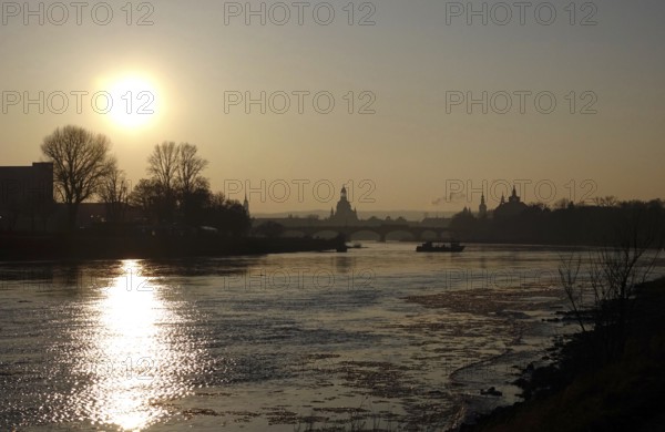 View of Church of Our Lady Dresden from the banks of the Elbe, winter evening, Saxony, Germany