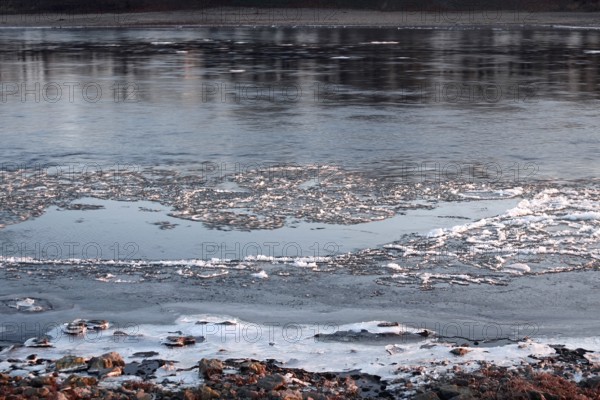 Elbe with ice, long exposure, winter, Dresden, Saxony, Germany
