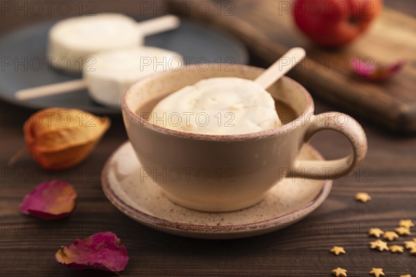 ?hocolate Ice cream in white glaze, cup of coffee, on brown wooden background, side view, close up, selective focus