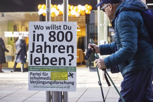 2026 state election in Baden-Württemberg. Election advertising in the city center of Stuttgart. Party of the splinter party PARTY FOR REJUVENATION RESEARCH. Stuttgart, Baden-Württemberg, Germany