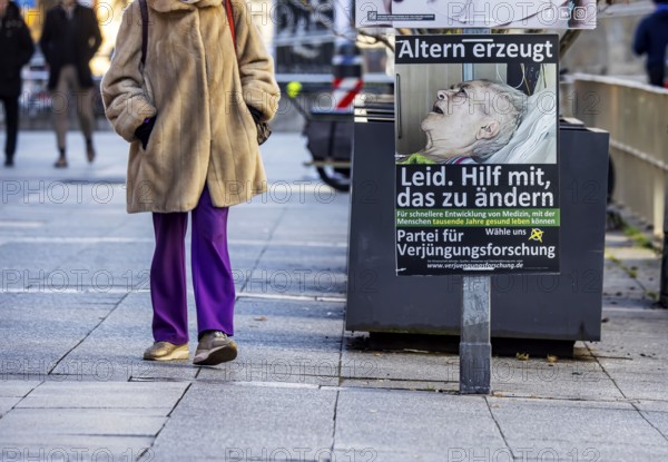 2026 state election in Baden-Württemberg. Election poster in the city center of Stuttgart. Poster of the splinter party PARTY FOR REJUVENATION RESEARCH. Stuttgart, Baden-Württemberg, Germany