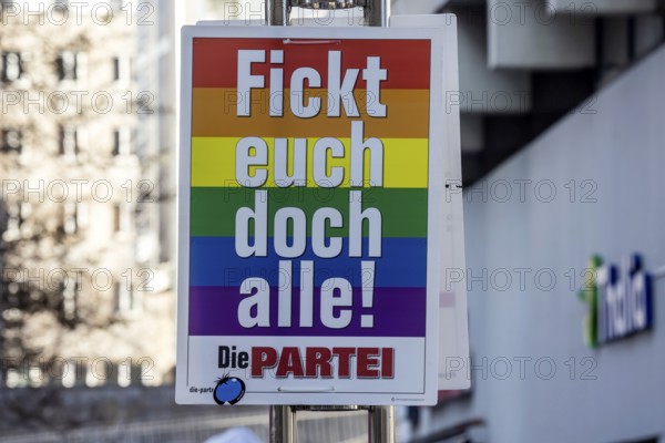 2026 state election in Baden-Württemberg. Election advertising in the city center of Stuttgart. Clear statement from the fun party THE PARTY: F*ck yourselves all! Stuttgart, Baden-Württemberg, Germany