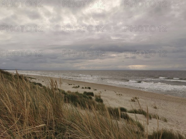 A cloudy beach with dunes in the foreground and gentle waves in the sea, Baltic Sea, fresh spit, Pomerania, Poland