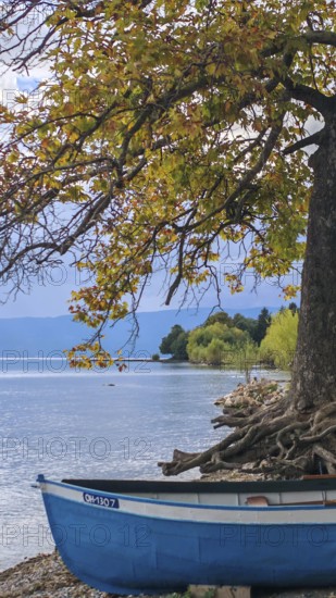 Blue boat on a calm lake under an autumn tree with a view of wooded hills