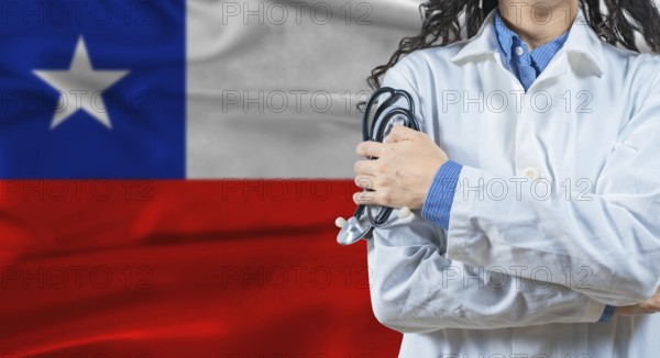 Healthcare professional with Chile flag background. Professional doctor holding stethoscope on Chile flag background